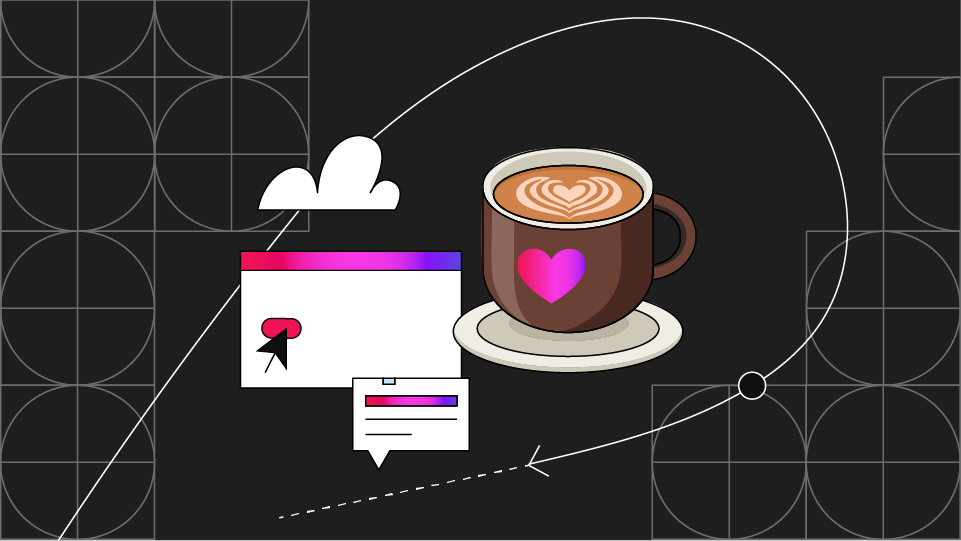 Uma imagem de uma caneca de café com uma página de navegador da Web e uma interface de chat em segundo plano