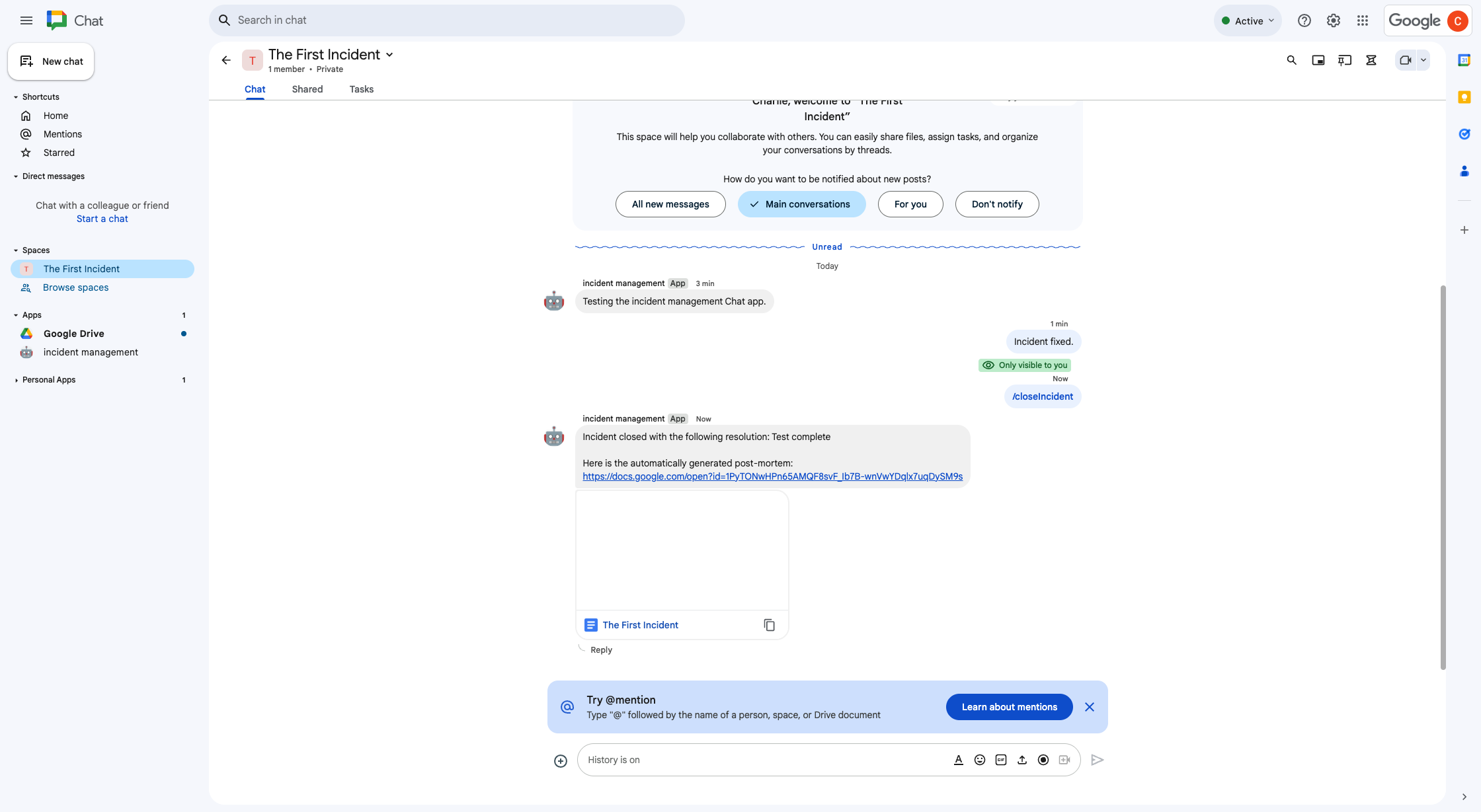 מסמך Google Docs ששותף במרחב המשותף, שבו מפורטת פתרון התקרית.